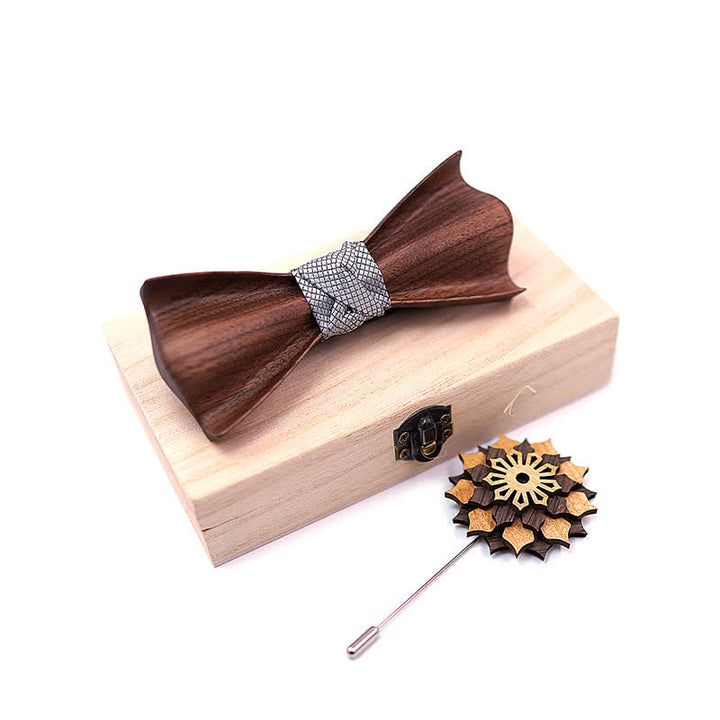 2Pcs Men's 3D Embossment Wooden Bow Tie Set