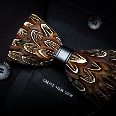 Brown Pheasant Feather Bow Tie with Lapel Pin