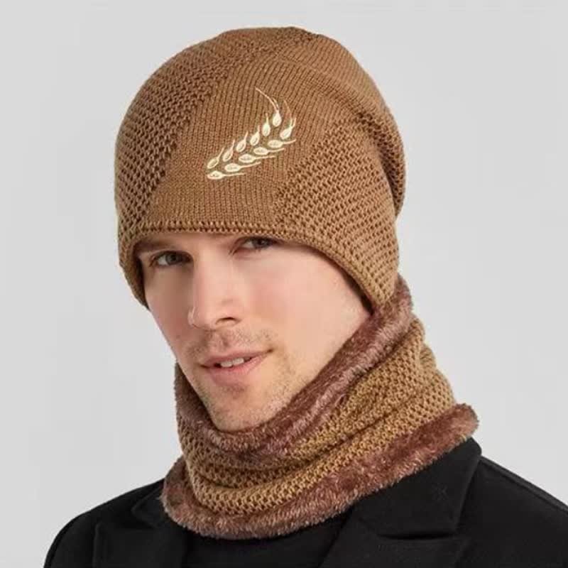 2Pcs Embroidered Wheat Beanie Hat Neck Warmer Set