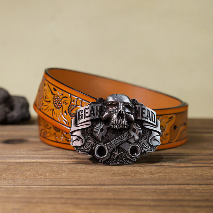 Men's DIY Gear Head Piston Skull Buckle Leather Belt