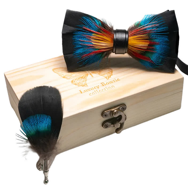 Kid's Black & Multicolored Blossom Feather Bow Tie with Lapel Pin