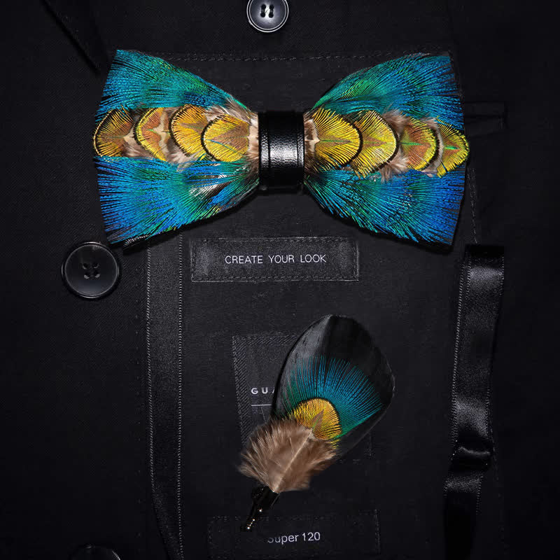 Kid's Blue & Green-yellow Feather Bow Tie with Lapel Pin