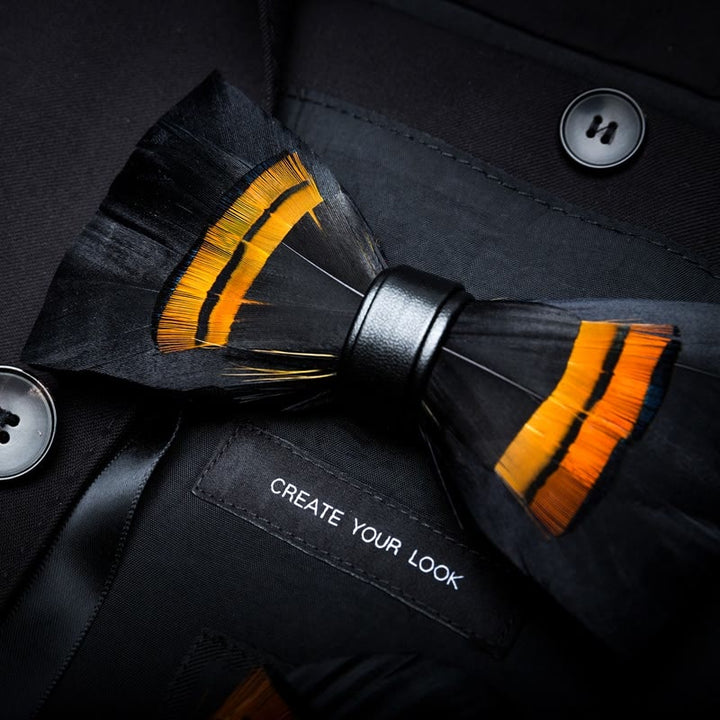 Black & Orange Midnight Feather Bow Tie with Lapel Pin