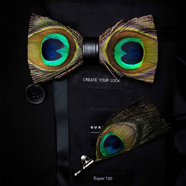 Kid's Green Peacock Feather Bow Tie with Lapel Pin