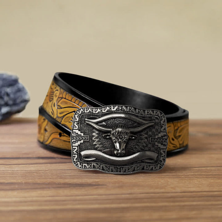 Men's DIY Silver Square Longhorn Bull Buckle Leather Belt