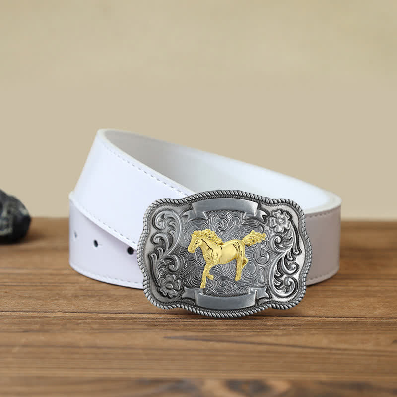 Men's DIY Gold Carving Animal Buckle Leather Belt - Horse - White PU Belt (40) - image 4