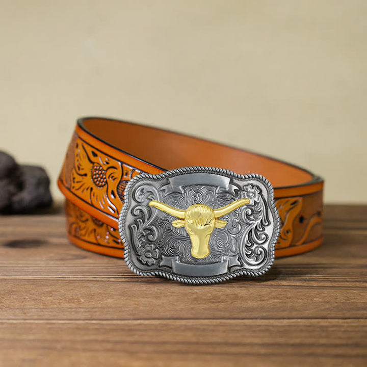 Men's DIY Gold Carving Animal Buckle Leather Belt