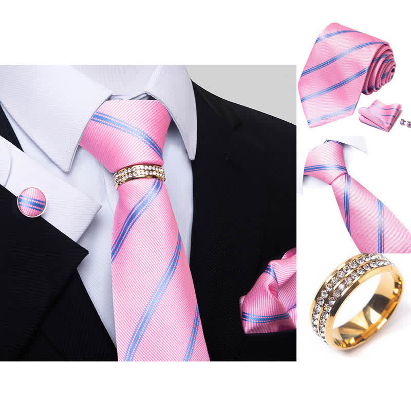 4Pcs Men's Striped Necktie Set With Tie Ring