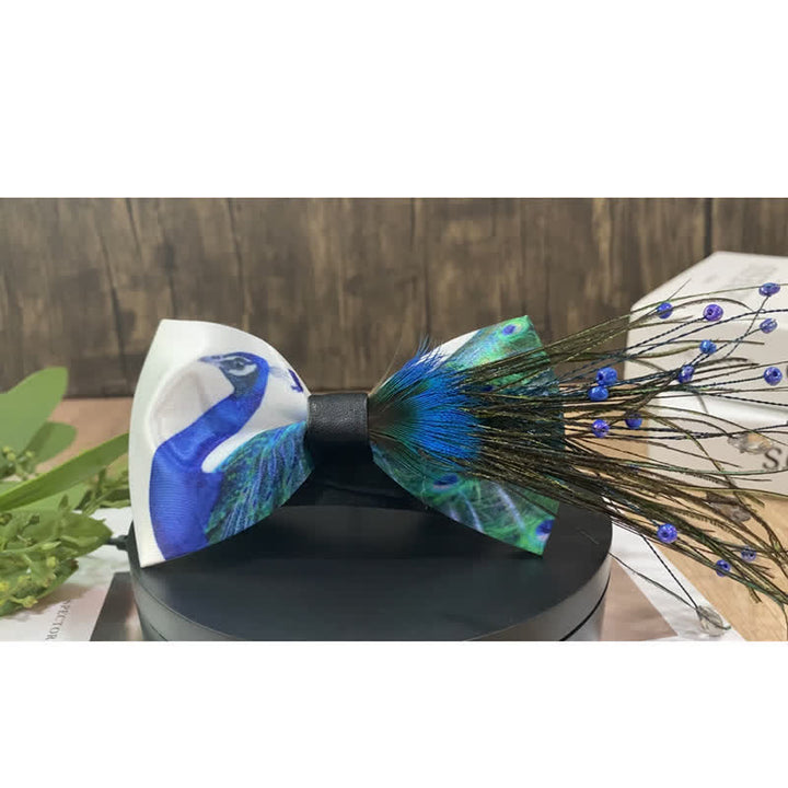 Blue Peacock Tail Beaded Feather Bow Tie