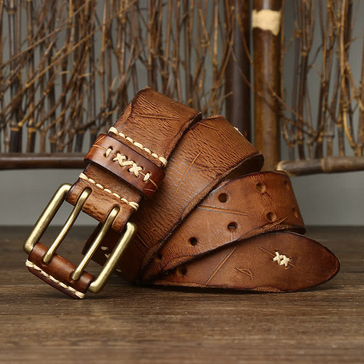 Men's Distressed Double Needle Buckle Leather Belt - image 4