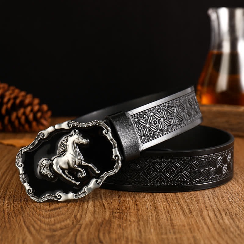 Men's Black Silver Running Horse Leather Belt - Style #2 - 42 - image 3