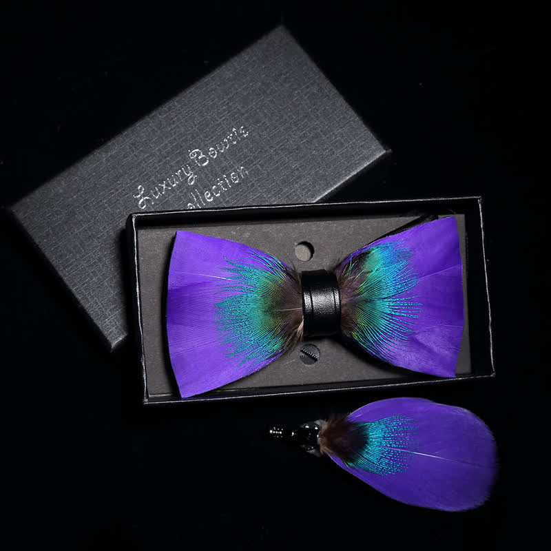 Royalty Purple & Teal Feather Bow Tie with Lapel Pin - image 1