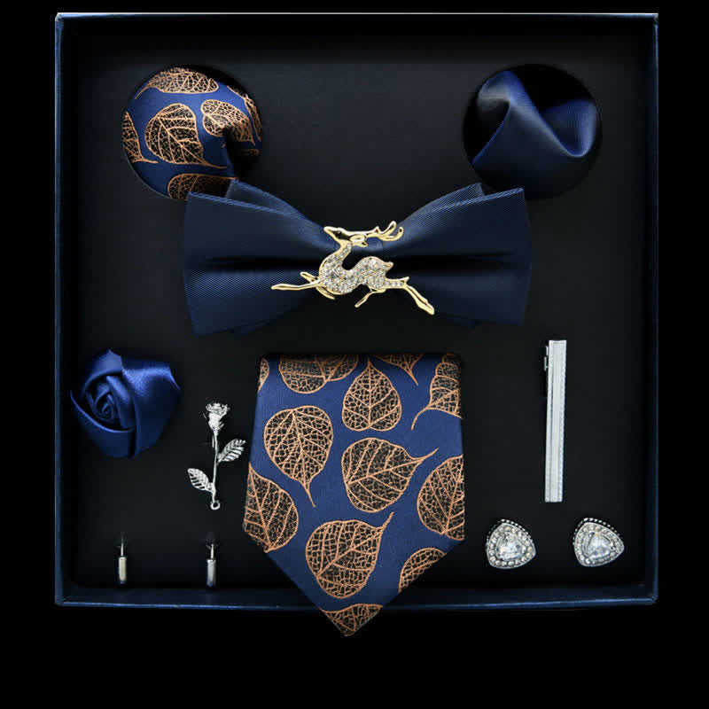 8Pcs Navy&Brown Floral Casual Necktie Bow Ties Gift Box - Navy&Brown - image 0
