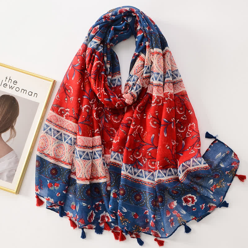 Women's Thin Lovely Butterfly Floral Tassel Scarf