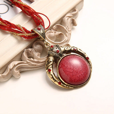 Bohemian Vintage Handmade Beaded Round Stone Necklace - Red - image 7