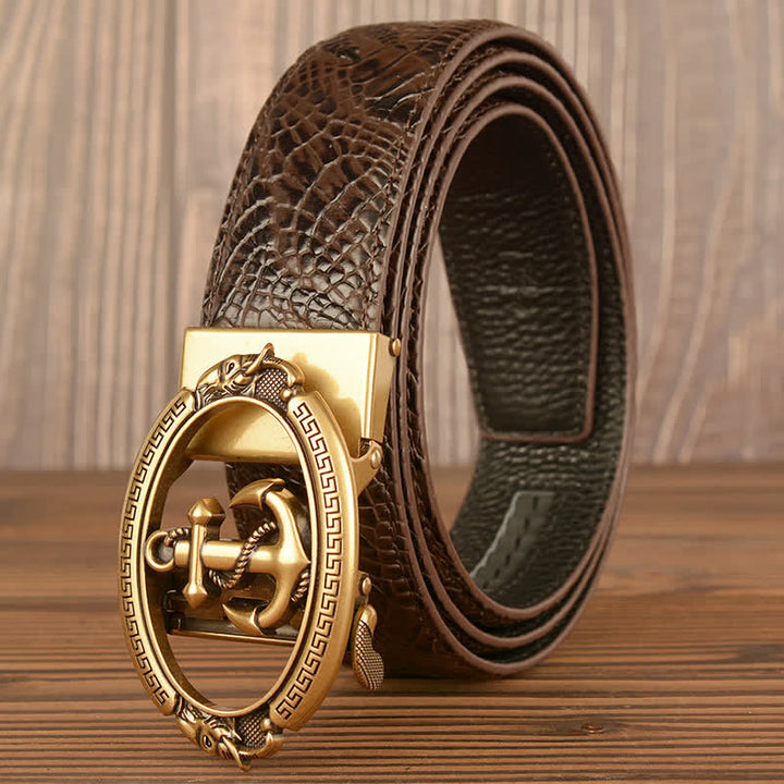 Men's Nautical Anchor Crocodile Embossed Leather Belt