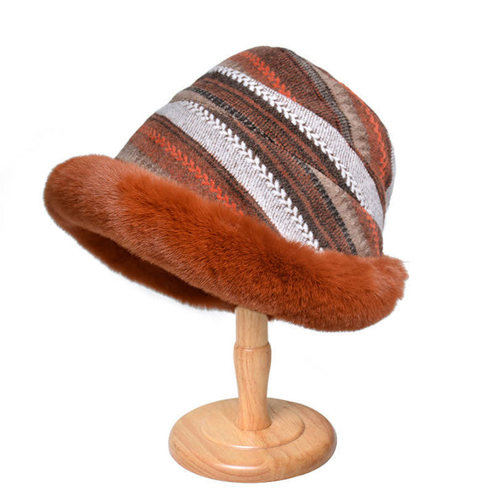 Women's Striped Warm Plush Brim Bucket Hat