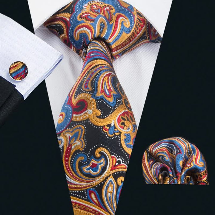 Yellow & Blue 3Pcs Men's Paisley Black Necktie Set