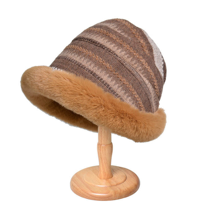 Women's Striped Warm Plush Brim Bucket Hat