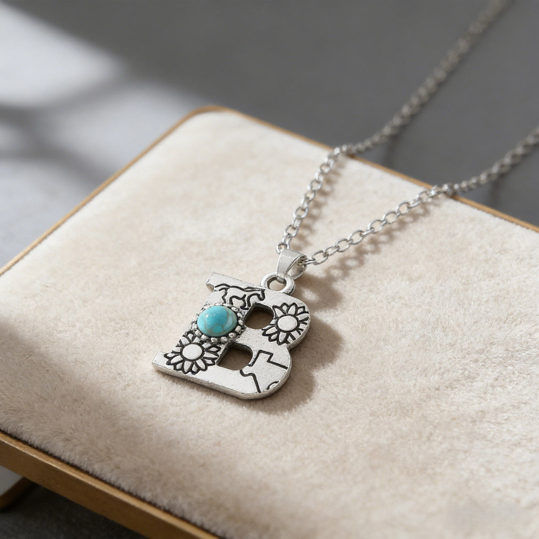 Vintage Initial Letter Turquoise Charm Necklace - B - image 7