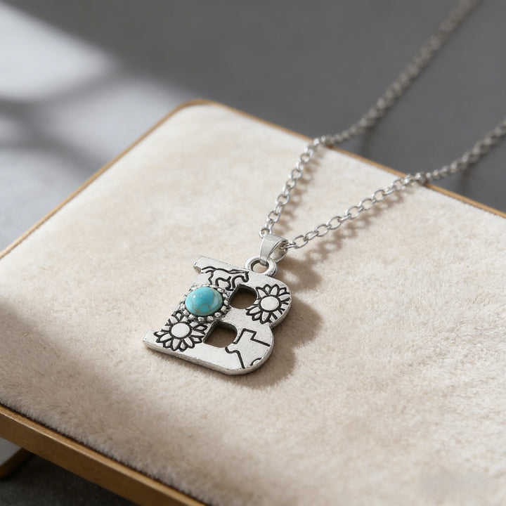 Vintage Initial Letter Turquoise Charm Necklace - B - image 7