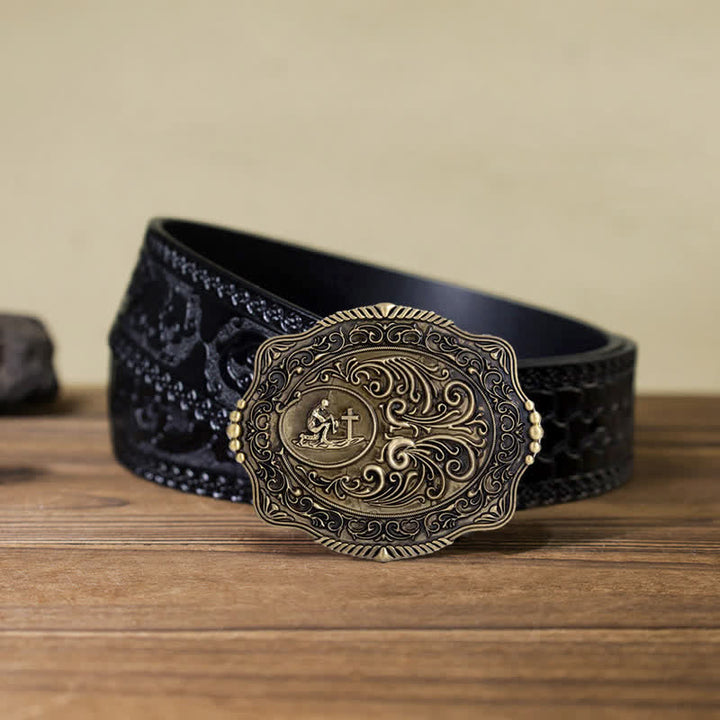 Men's DIY Engraved Floral Earnest Prayer Buckle Leather Belt