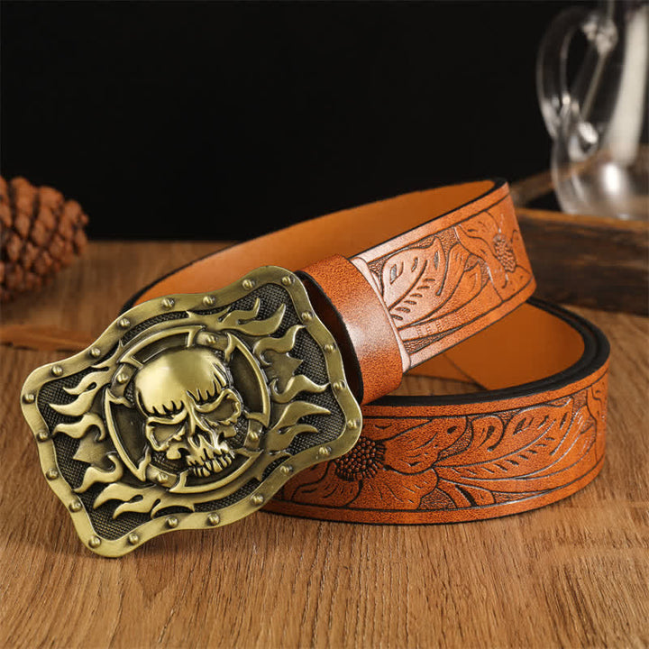 Men's Trendy Skull Head Flame Leather Belt