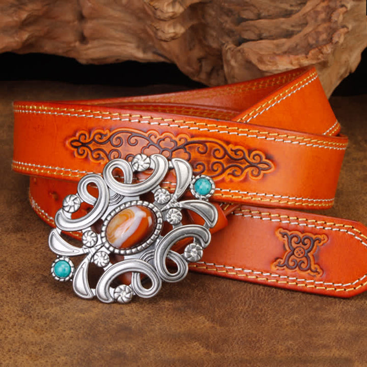 Unisex Agate Stone Turquoise Hollow Flower Leather Belt