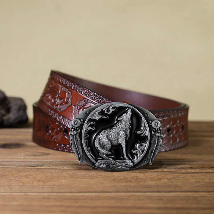 Men's DIY Enamel Domineering Howling Wolf Buckle Leather Belt