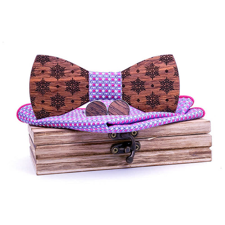 3Pcs Men's Snowflakes Pattern Christmas Wooden Bow Tie Set