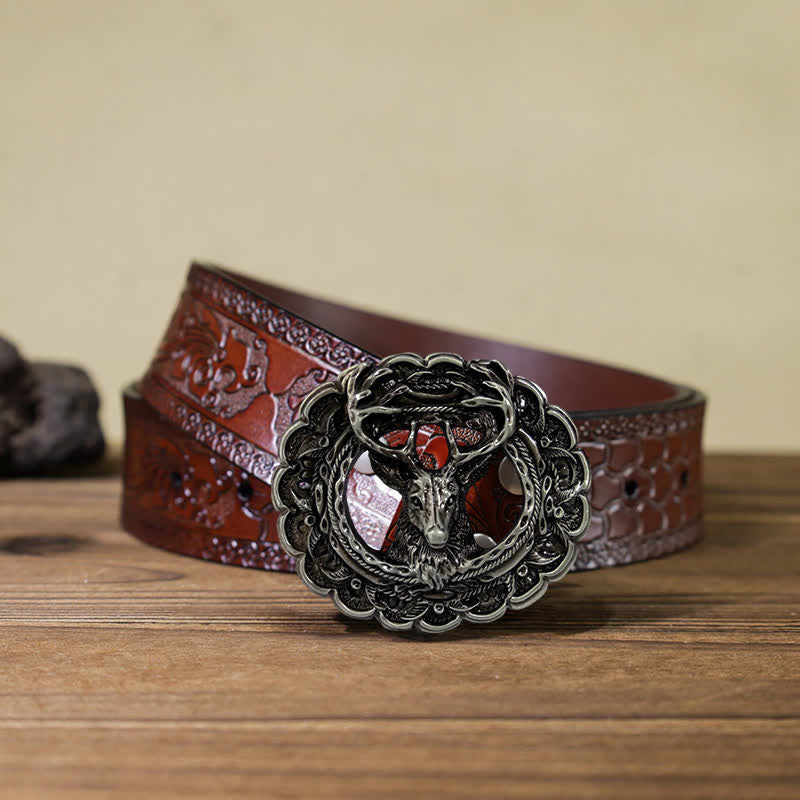 Men's DIY Hollow 3D Elk Antler Buckle Leather Belt