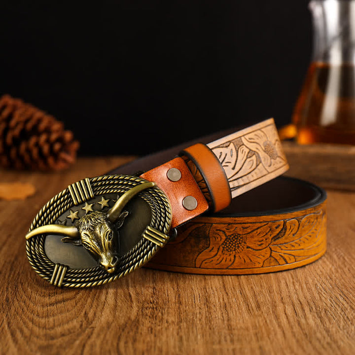 Men's Retro Five Stars Bull Head Leather Belt