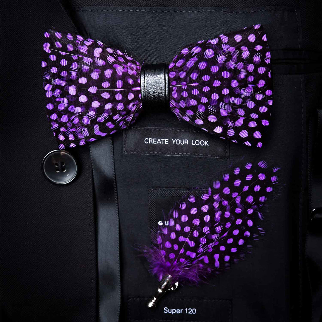 Kid's DarkViolet White Polka Dots Feather Bow Tie with Lapel Pin