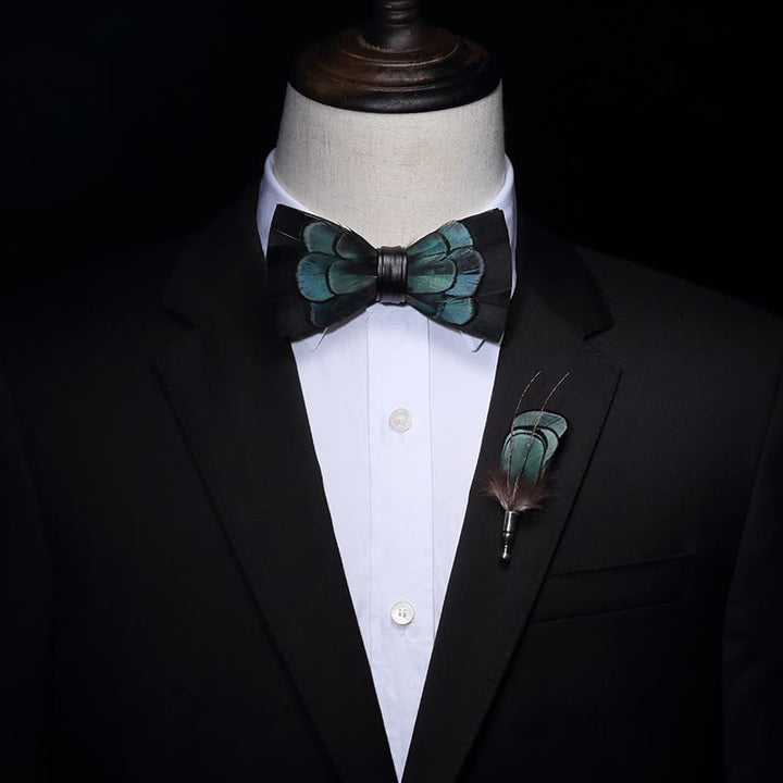 Black & Green Exquisite Feather Bow Tie with Lapel Pin