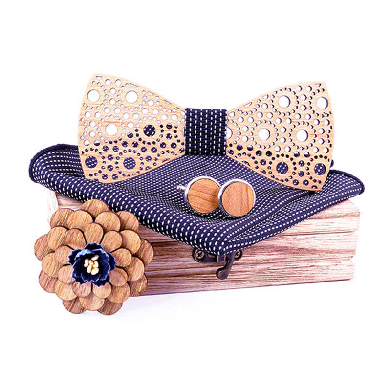 4Pcs Men's Round Hollow Wooden Bow Tie Set