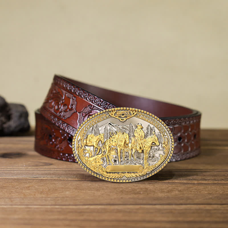 Men's DIY Cowboy Knight Leading Horse Buckle Leather Belt