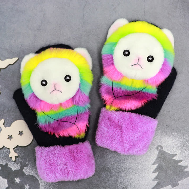 Women's Cute Animal Furry Mittens Gloves - Multicolored Alpaca - image 12