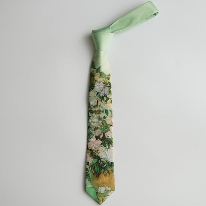 Men's Light Green White Roses Floral Necktie