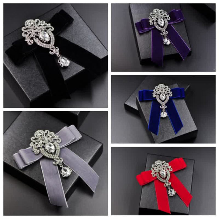 2Pcs Royal Rhinestone Brooch Velvet Bow Tie Set