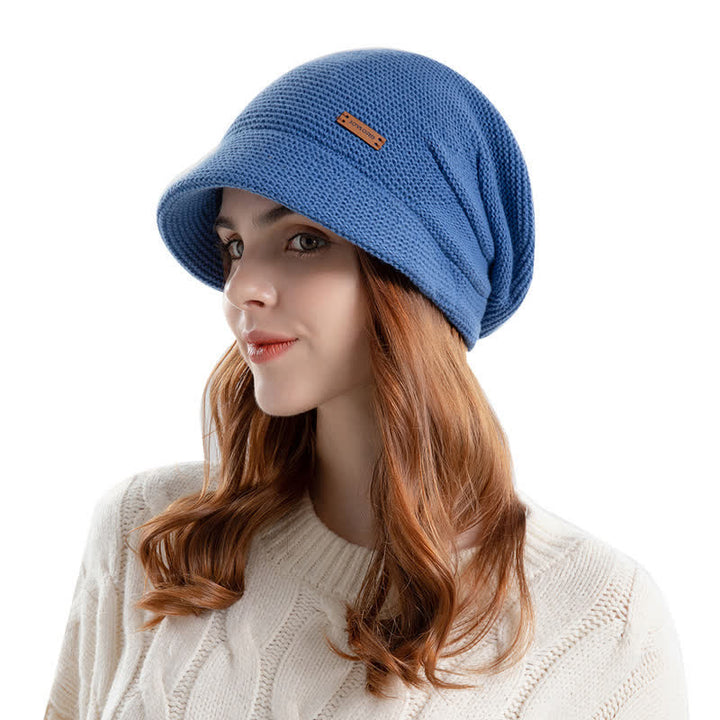 Women's Letter Patched Wide Brim Pile Knitted Hat