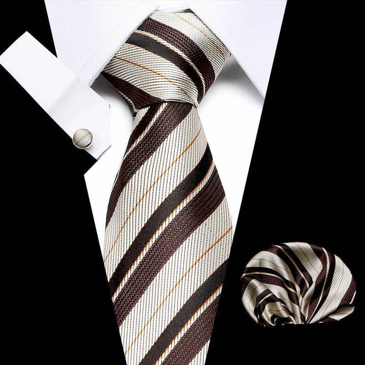 3Pcs Men's Champagne & Coffee Striped Necktie Set