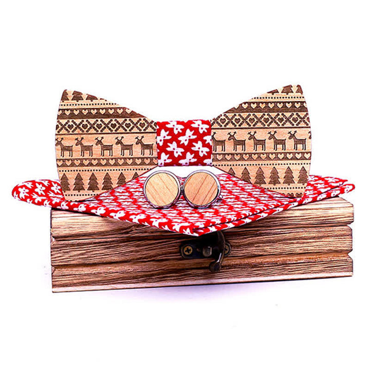 3Pcs Men's Christmas Theme Pattern Wooden Bow Tie Set