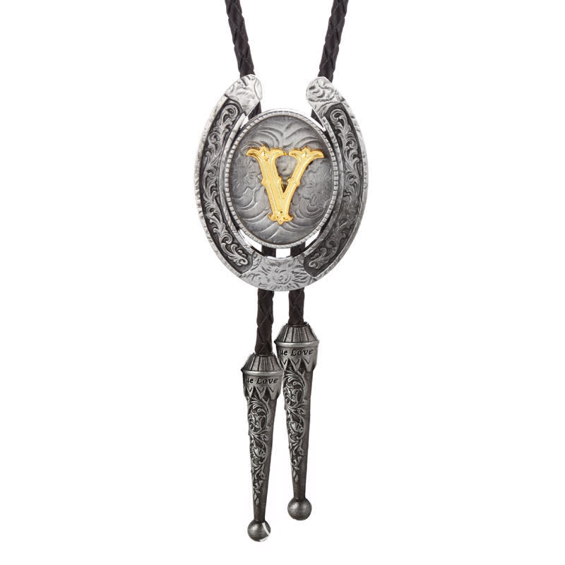 Modern Western Horseshoe Initial Letter A To Z Bolo Tie - Silver - V - image 51