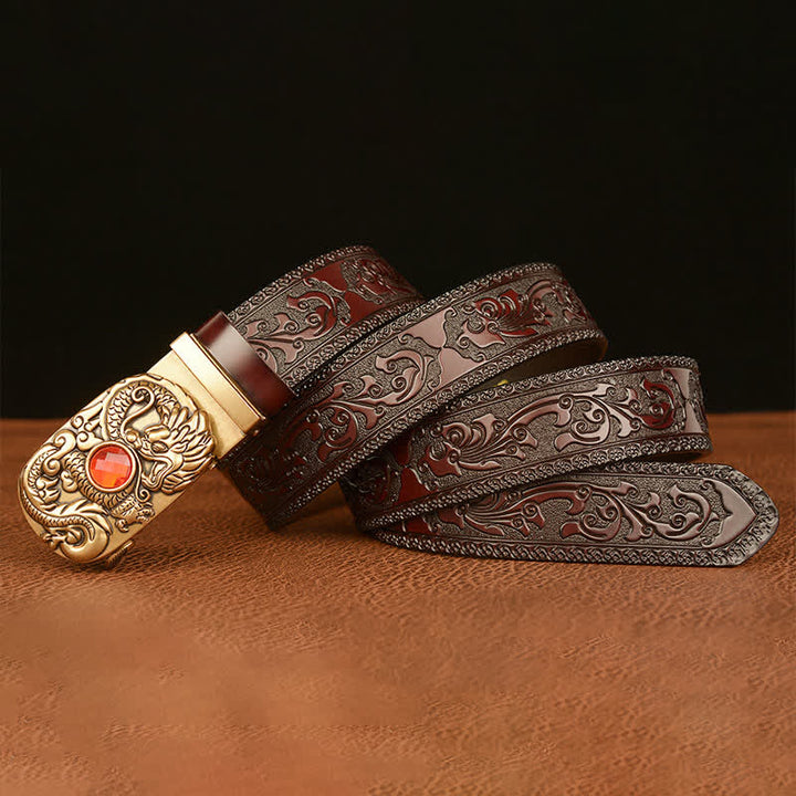 Men's Engraved Dragon Gemstone Leather Belt