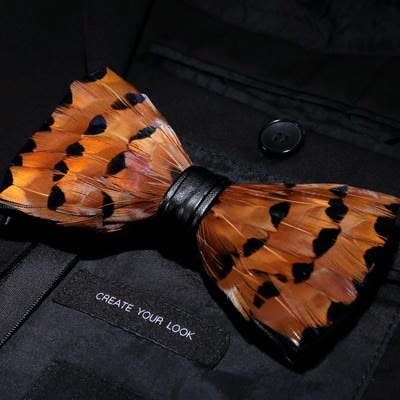 Tawny & Black Trim Feather Bow Tie with Lapel Pin