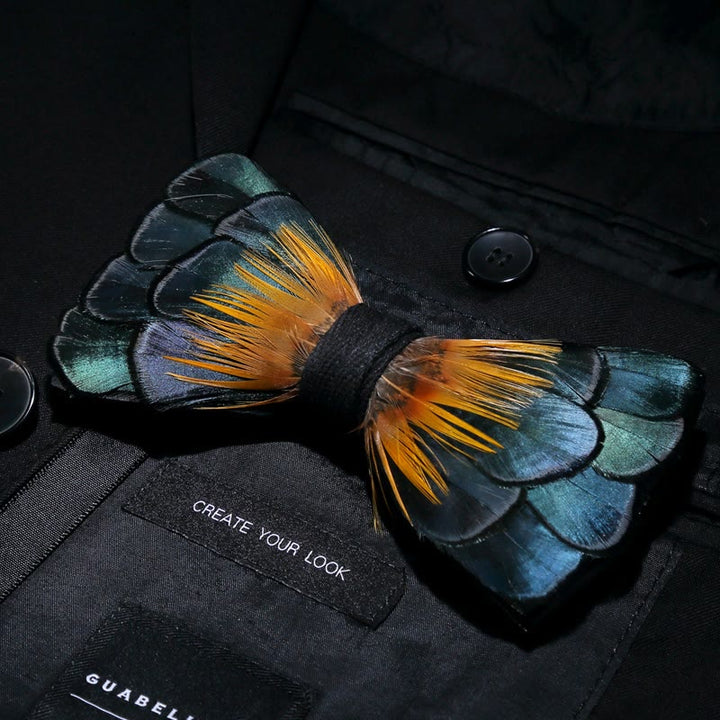 Kid's Green & Orange Sunflower Feather Bow Tie with Lapel Pin - image 1