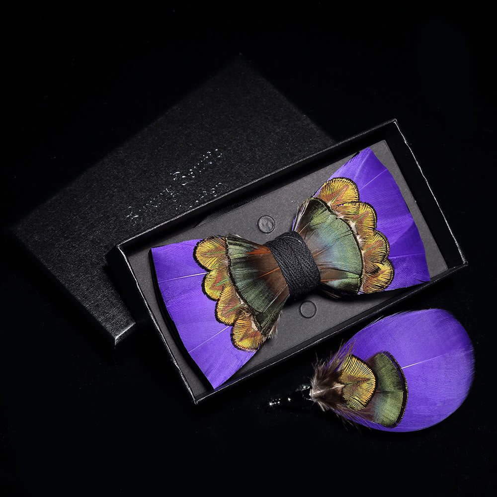 Purple & Green Royal Feather Bow Tie with Lapel Pin - image 3