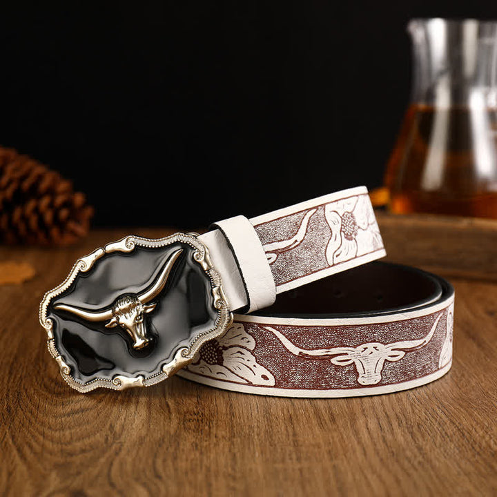 Men's Black Western Longhorn Bull Head Leather Belt