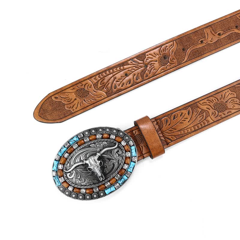 Men's Western Cowboy Turquoise Bull Leather Belt