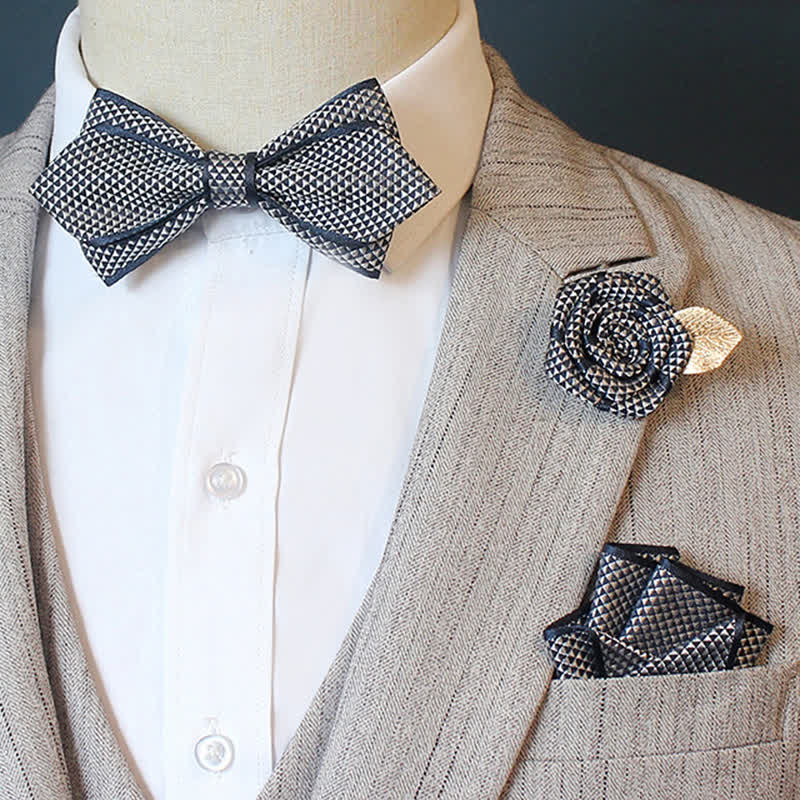 3Pcs Men's Micro Check Wedding Groom Bow Tie Set